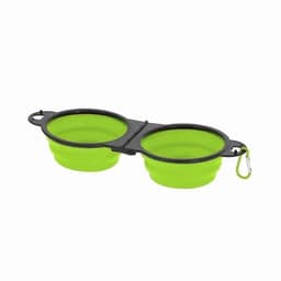 A green and black double collapsible pet bowl with a clip for easy attachment.