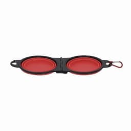 A folding double bowl with a black outer casing and red inner compartments, featuring a loop for attachment.