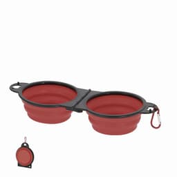 A portable double collapsible bowl set in red with a black rim and a carabiner for easy attachment.