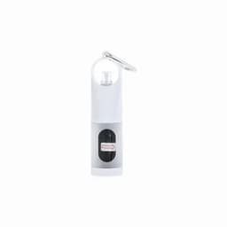 A drink bottle in white with a transparent top, featuring a keychain and a branding logo.
