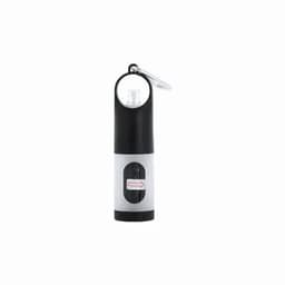 A drink bottle in black and silver, featuring a keychain and a spray nozzle for dispensing liquid.