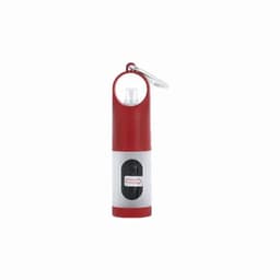 A drink bottle in red and white, featuring a keychain attachment and a translucent compartment.