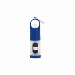 A drink bottle in blue and white, featuring a keyring attachment and a logo on the side.