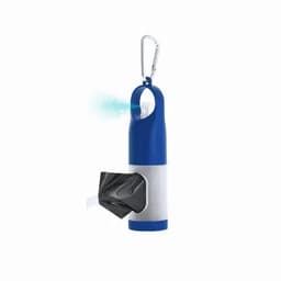 A drink bottle in blue and white with a spray nozzle and a black waste bag holder attached.