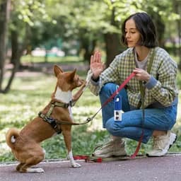 A woman trains a dog in a park, holding a leash and giving a command while the dog raises its paw.