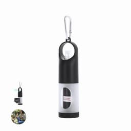 A drink bottle in black and white, featuring a carabiner and a transparent window. It has a logo on the side.