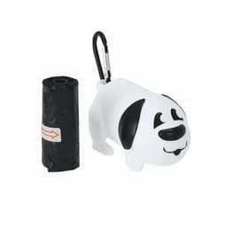 A dog-shaped waste bag dispenser in white with black details, accompanied by a roll of black waste bags.