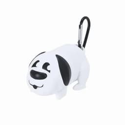 A dog-shaped drink bottle in white with black accents and a carabiner attachment. Features a friendly cartoon face.