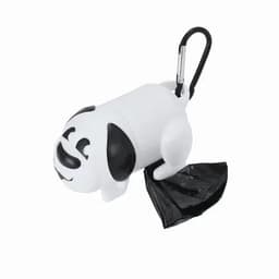 A dog-shaped waste bag dispenser in white and black, featuring a carabiner for attachment.
