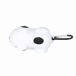 A drink bottle in the shape of a white and black panda with a carabiner attachment.