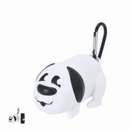 A dog-shaped waste bag holder in white and black with a smiling face and a clip for attachment.
