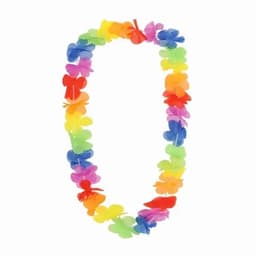 A lei made of colourful plastic flowers in rainbow shades, featuring butterflies in pink, yellow, green, and blue.