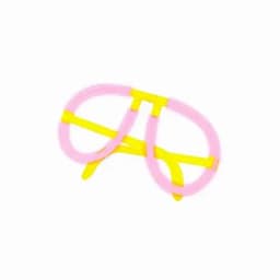 A pink and yellow promotional product featuring a unique shape, with branding included in the design.