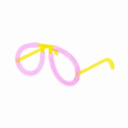 A pair of novelty glasses with a pink and yellow frame, featuring oversized lenses and bright colours.