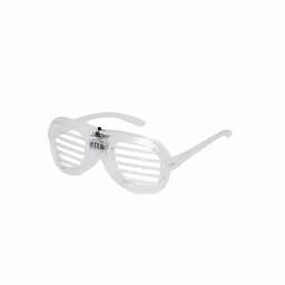 A pair of clear sunglasses with horizontal slats and a decorative design on the front.