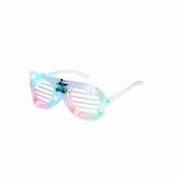 A pair of transparent, striped sunglasses with multicoloured LED lights embedded in the frame.