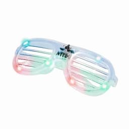 A pair of light-up novelty glasses with a transparent frame and coloured LED lights in red, green, and blue.