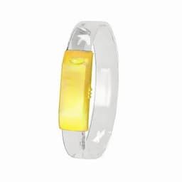 A clear wristband with a yellow light feature, designed for visibility and safety. It includes a simple button mechanism.