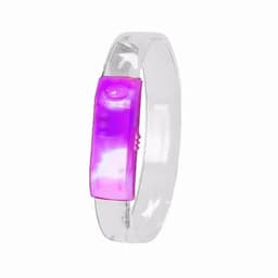 A transparent wristband with a pink and purple section in the centre, featuring a logo.