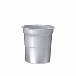 A silver drink bottle with a simple design and a rounded top, featuring a smooth metallic finish.