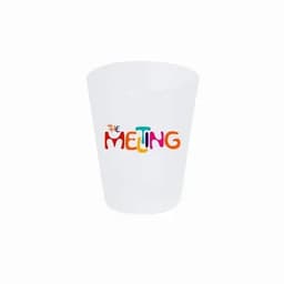 A white cup featuring the words "THE MELTING" in colourful letters. The cup has a smooth, curved shape.