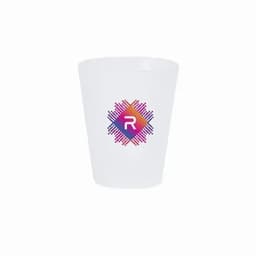 A white cup featuring a colourful geometric logo in pink, purple, and blue.