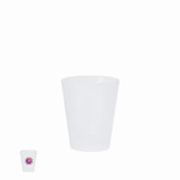 A clear plastic cup with a smooth surface and a logo on it, featuring a vibrant purple and pink design.