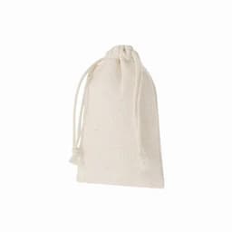 A small, drawstring bag in a natural, off-white fabric. It has a simple and unmarked design.