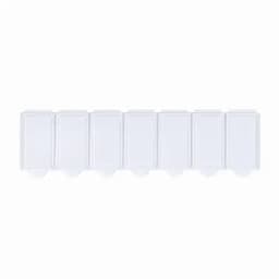 A white pill organiser with seven compartments, designed for daily medication management. It features a simple, streamlined design.