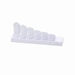 A white medication organiser featuring multiple compartments for daily use. It has a sleek, rectangular design.