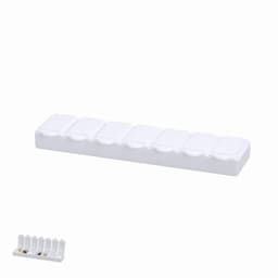A white pill organiser with multiple compartments for storing tablets or vitamins. It features a simple, rectangular design.
