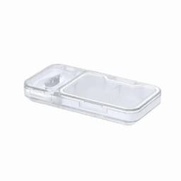 A transparent storage container with two compartments and a hinged lid. The design features a sleek, minimalistic look.