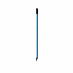 A blue coloured pencil with a black tip and branding on the barrel.