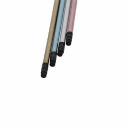 A set of four coloured pencils in gold, blue, pink, and silver, each with a black tip, featuring a logo.