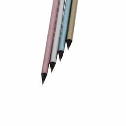 Four coloured pencils in pink, white, blue, and gold, featuring sharpened tips. The product has a branding logo.
