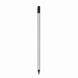 A silver pencil with a black tip and black eraser sits upright against a plain background.