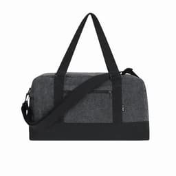 A grey duffel bag with black straps and accents, featuring zippered pockets for storage.