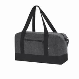 A grey duffle bag with black straps and a zippered pocket, featuring a logo on the side.