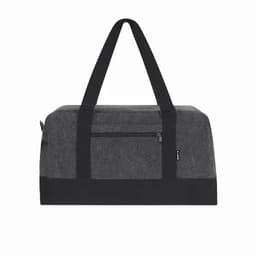 A grey duffle bag with black straps and zippered pocket, featuring a subtle logo on the side.