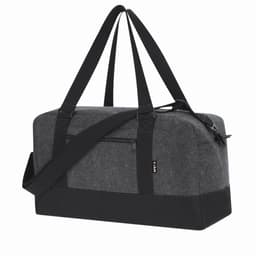 A duffle bag in grey fabric with black accents and adjustable straps, featuring a zippered pocket on the front.