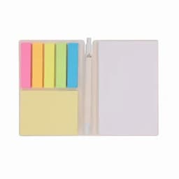 A notepad set featuring various sticky notes in pink, green, yellow, and blue, with a pen included.