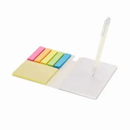 A stationery set featuring a white pen, a notepad, and colourful sticky notes in pink, orange, green, and blue.