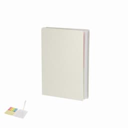 A notebook with a plain white cover alongside a set of colourful sticky notes and a pen.