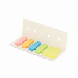 A set of colourful sticky notes in pink, orange, blue, green, and yellow, displayed on a white holder with a ruler.