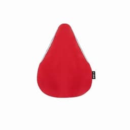 A red promotional product with a rounded, triangular shape and a logo on the side.