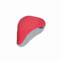 A bike seat cushion in bright red and grey, featuring a logo badge.