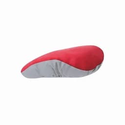 A bicycle seat cover in red and grey, featuring a smooth, contoured design. The product includes a logo on the side.