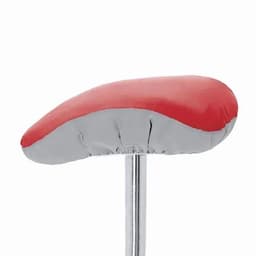 A seat cover with a red upper and grey lower, fitted snugly over a metal stool frame.