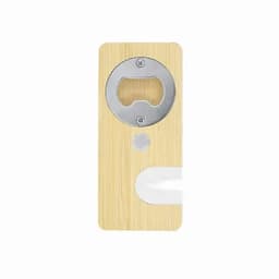 A bamboo bottle opener with a metal cap lifter and a white grip section. Features a branding logo.