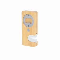 A bottle opener made of bamboo with a metal opening mechanism and a hook for hanging.
